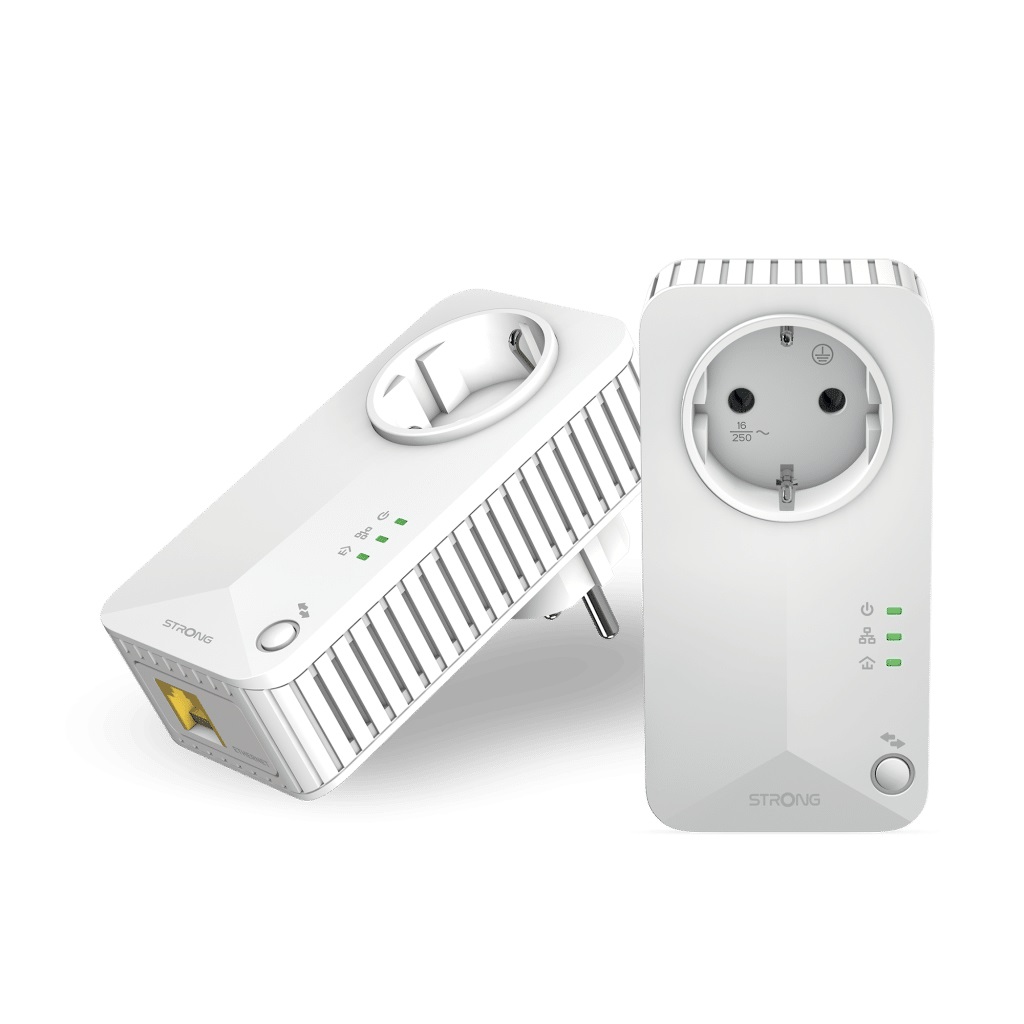 STRONG Powerline 600 Duo - Kit di 2 Adattatori 600 Mbps con Presa Passante Schuko, Portata fino a 300m, Installazione Facile, Colore Bianco