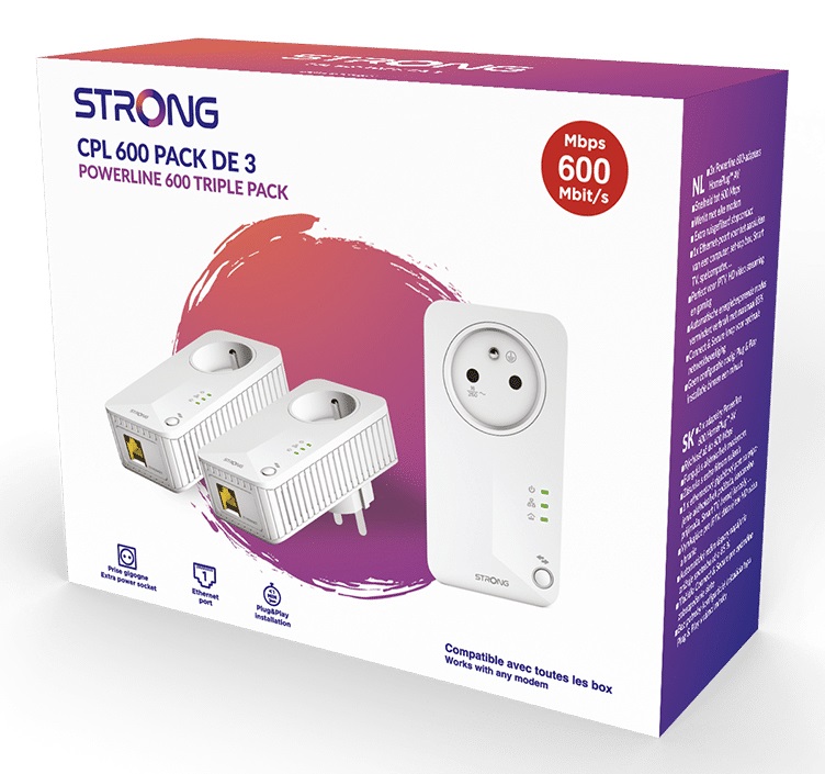 Strong Powerline 600 Kit CPL - 600 Mbps - Confezione Tripla con 1 Porta Ethernet e Presa Filtrata