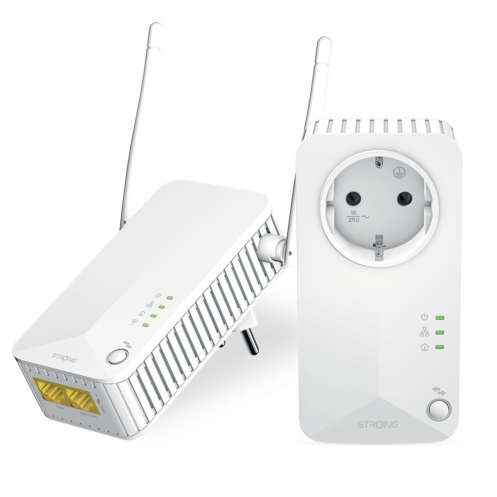 Strong Powerline Wi-Fi 600 V2 - Kit con Adattatore Powerline 600 e Wi-Fi fino a 300 Mbit/s - Ethernet e Wi-Fi - Presa Passante Schuko - Bianco