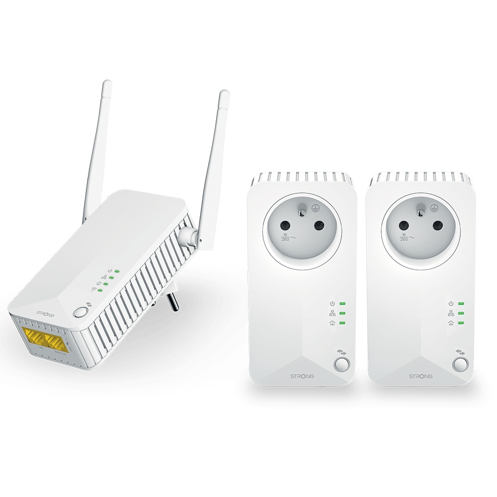 Strong Powerline WiFi 600 Triple Pack V2 - 600 Mbit/s, 2 Adattatori Powerline 1 Adattatore Wi-Fi, Fino a 300 Mbit/s, Presa Passante Schuko, Portata fino a 300m