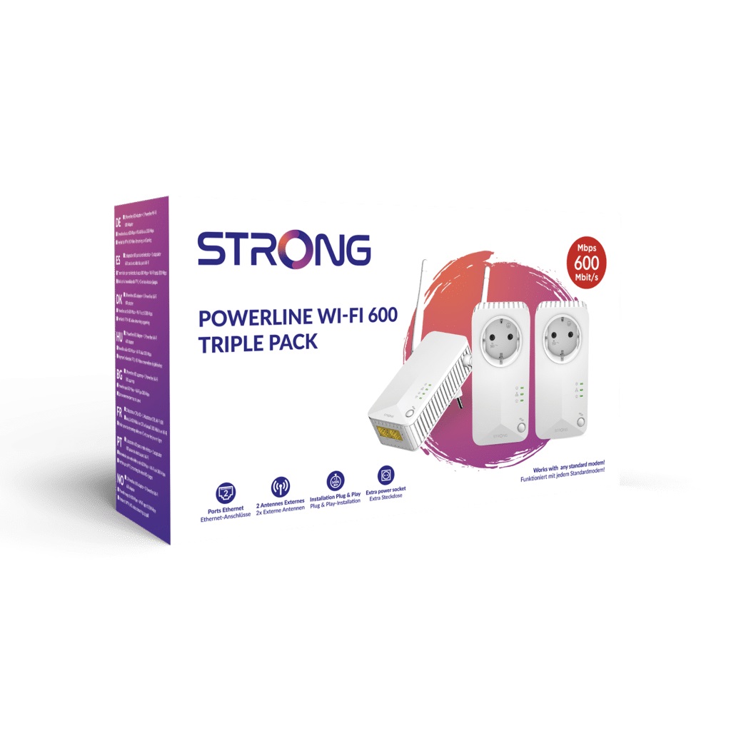 Strong Powerline WiFi 600 Triple Pack V2 - 600 Mbit/s, 2 Adattatori Powerline 1 Adattatore Wi-Fi, Fino a 300 Mbit/s, Presa Passante Schuko, Portata fino a 300m
