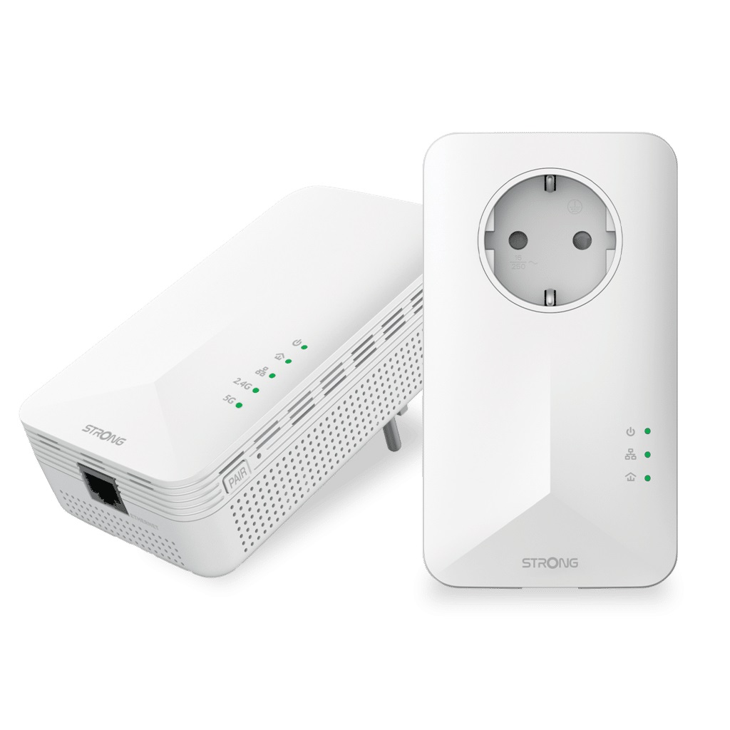STRONG Powerline 1000 Duo Wi-Fi EU - Adattatore Powerline 1000 Mbit/s Wi-Fi 1200 Mbps, Presa Passante Schuko, Portata fino a 300m, Hotspot Ethernet, Bianco