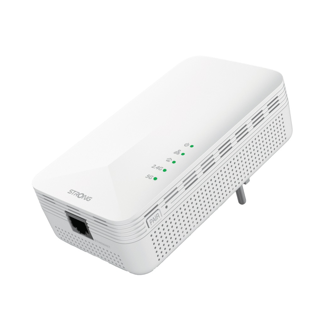 STRONG Powerline 1000 Duo Wi-Fi EU - Adattatore Powerline 1000 Mbit/s Wi-Fi 1200 Mbps, Presa Passante Schuko, Portata fino a 300m, Hotspot Ethernet, Bianco