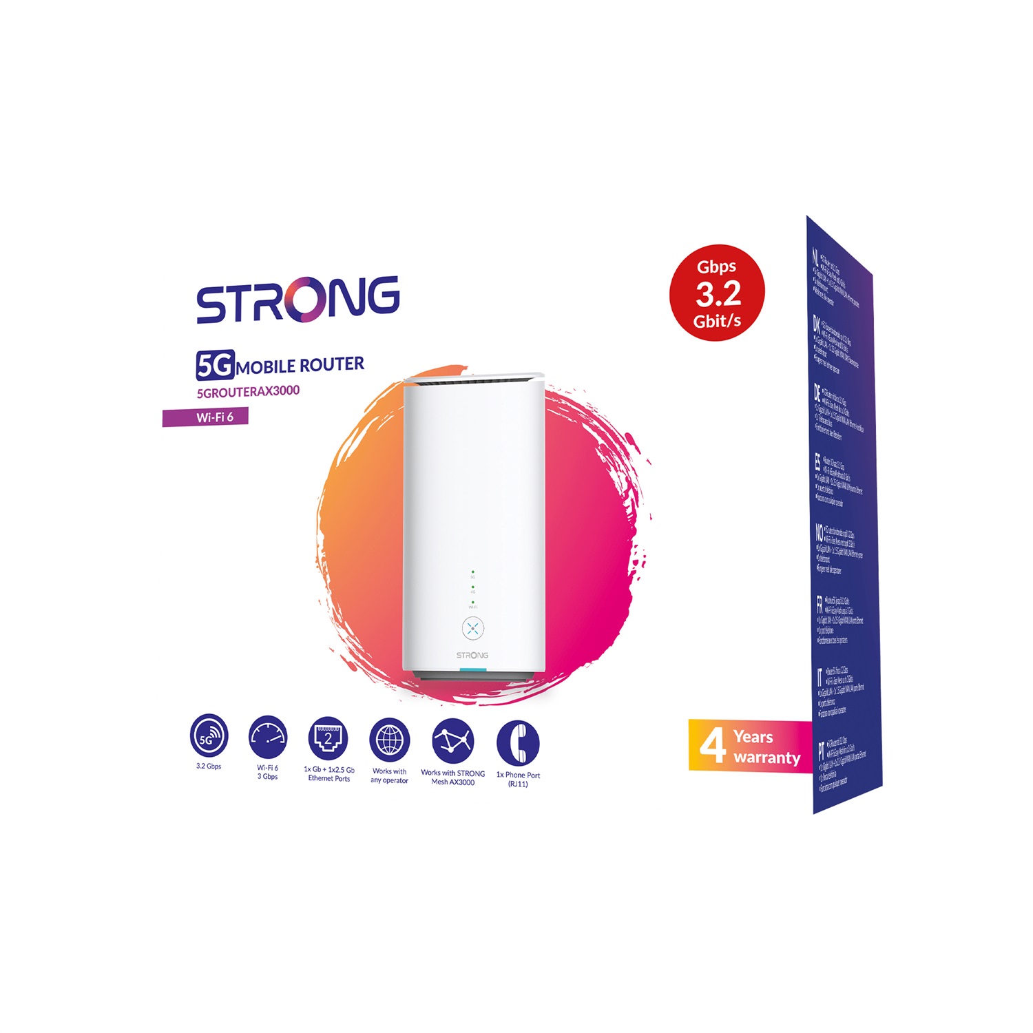 Strong 5G Router AX3000 - Router di rete cellulare WiFi 6, Bianco, Plastica, Fino a 3,2 Gbps, Gigabit Ethernet