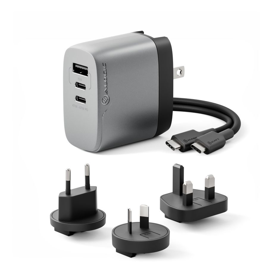 Alogic WCM3X67-SGR Alimentatore 67W con 3 Porte USB-C e USB per Viaggi Multinazionali